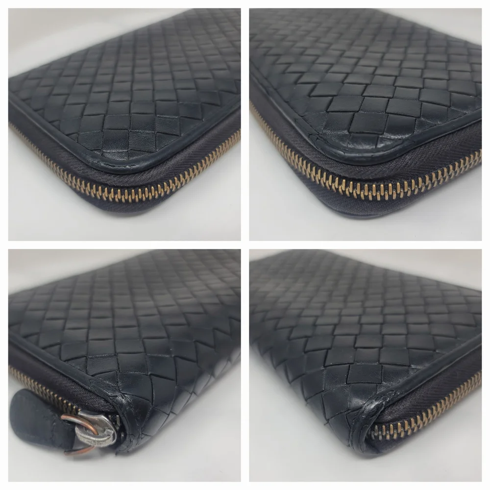 Bottega Veneta Black Woven Leather Zip Around Long Wallet Italy Authentic